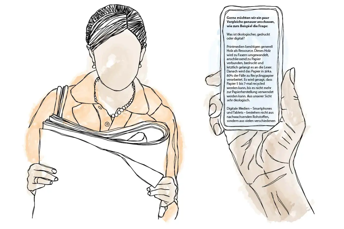 Frau die eine Zeitung liest und Hand mit einem Handy