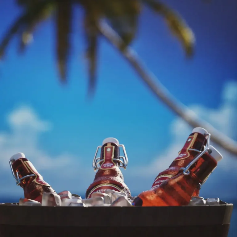 3D-Visualisierung fotorealistisch gerendert: Bierflaschen am Strand unter Palme.