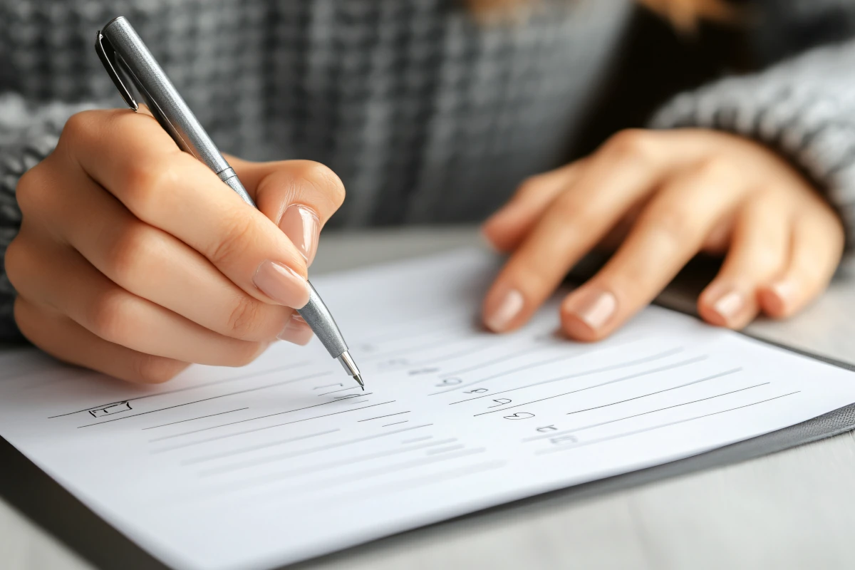 Person plant effizient mit einer Checkliste für Druckaufträge