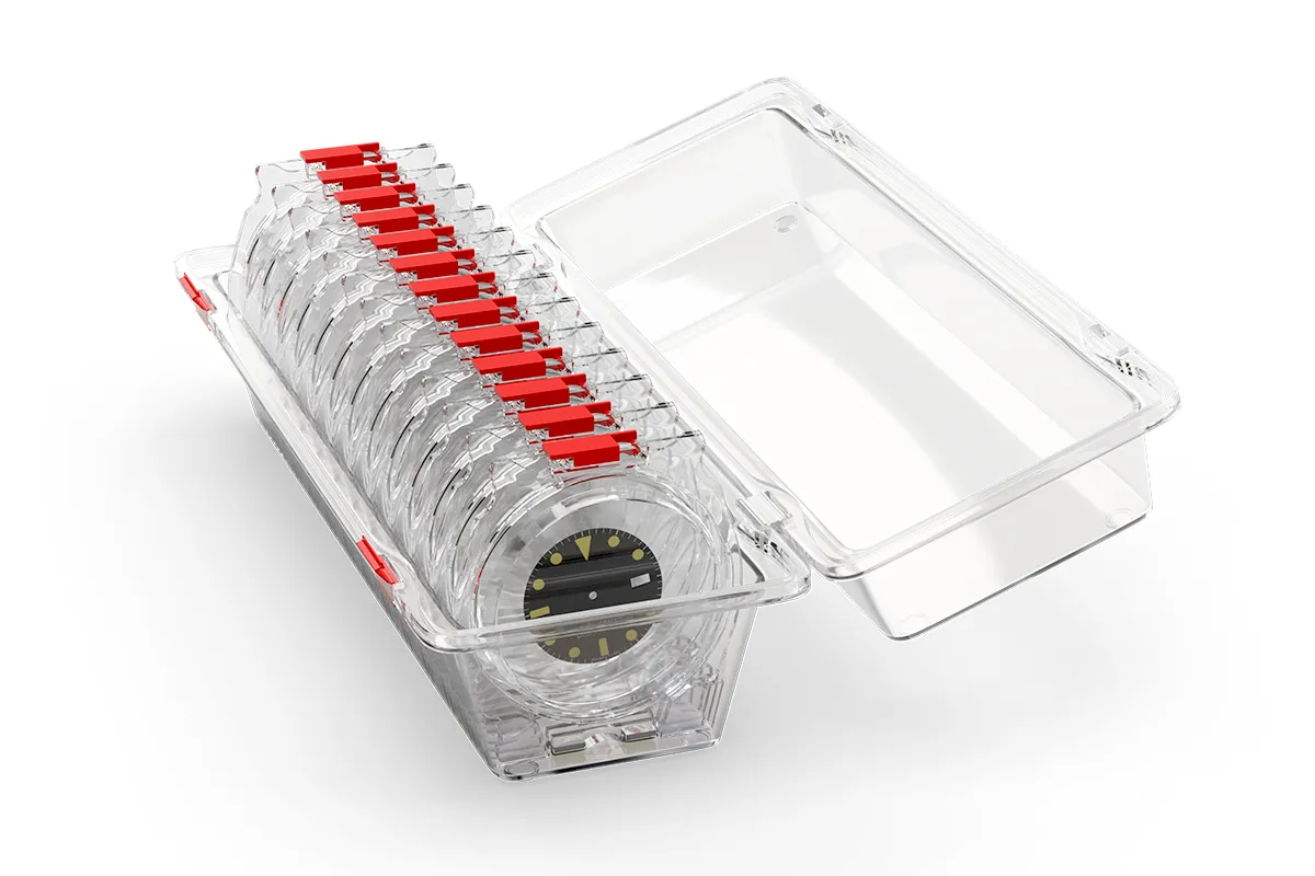 Ein 3D-Rendering einer komplexen Aufbewahrungsbox, mit zahlreichen Behältern für Zifferblätter