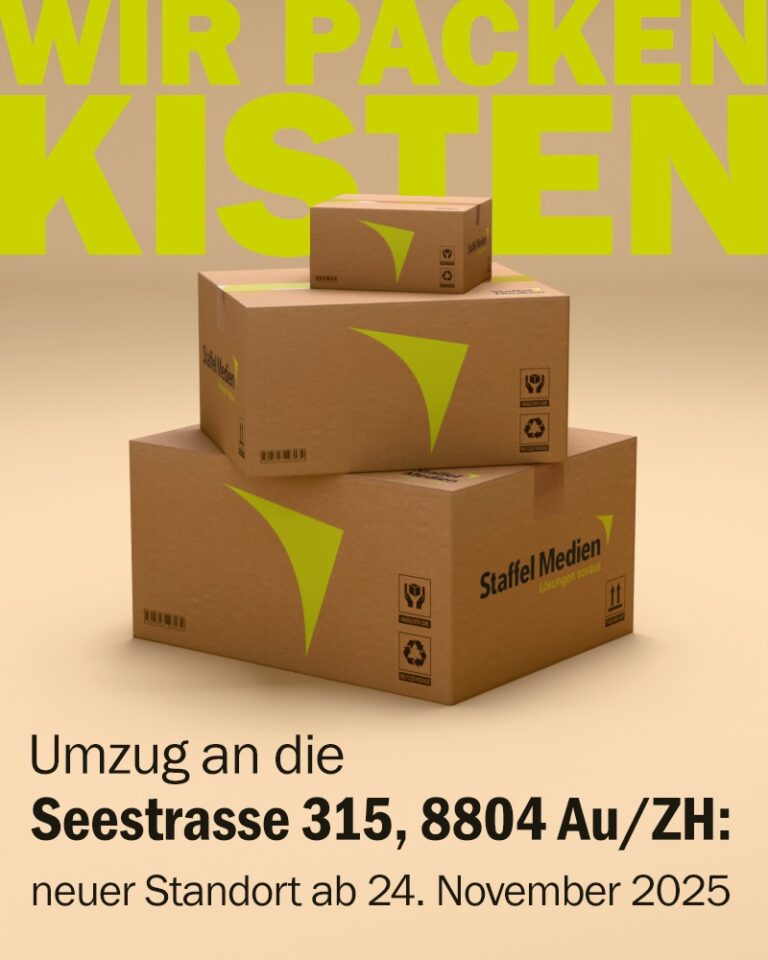 Kisten von Staffel Medien AG für den Umzug an die Seestrasse 315, in 8804 Au / Zürich